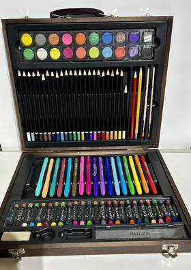 53096 Art 101 Wood Case Set Crayons Pastels Pencils Watercolors Markers Preowned