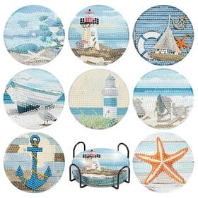 Bdwy210 Askkqtx 8 Pcs Beach Diamond Art Coasters With Holder Diy Gem Painting Kit For Adults
