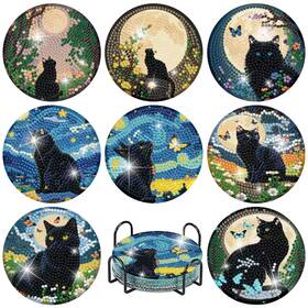 Bdwy340 Askkqtx 8 Pcs Black Cat Diamond Art Coasters Kits With Holder Coasters-bdwy340