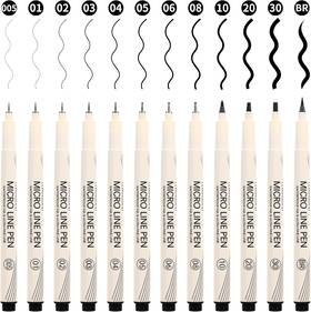Charsoco 445047057069 Black Micro Pens Set - 12 Sizes 0.23mm To 5mm Waterproof Archival In