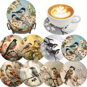 Jxbd66 Clendo 8 Pcs Bird Diamond Art Coaster Kits With Holder - Vintage