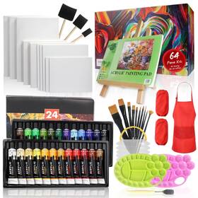 9624pegjzhtz Colorful Acrylic Painting Kit 64 Piece Kids Set With Walnut Easel