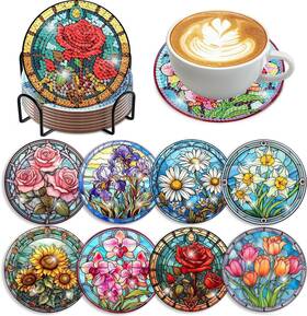 Bdwy036 Croshom 8 Pcs Flowers Diamond Art Coasters 3.9x3.9x0.5