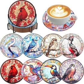 Mb0032 Croshom 8 Pcs Birds Diamond Art Coasters Painting 5x5x0.5 Bird-8pcs