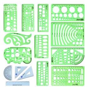Ds-2489-1 Dsuwazu 15pcs Geometric Drawings Templates Transparent Green Plastic Ruler Drafting