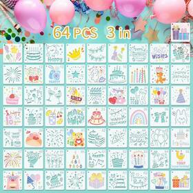 Felixcraft Ps-birthday-64 Birthday Stencils For Painting 64pcs 3x3 Plastic Crafts Reusabl