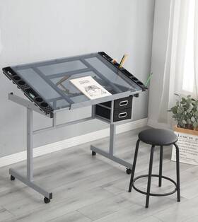 Zs-w347004 Homsof Adjustable Tempered Glass Art Drawing Desk Craft Station Drafting With