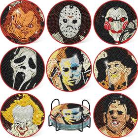 Bd8p9501 Icechen 8 Pcs Diamond Paintings Coasters Kits With Holder Diy Halloween Coaster