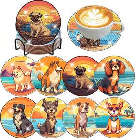 Bdwy074 Igoodom 8 Pcs Dog Diamond Art Coasters Kit With Holder Diy 5x5x0.5