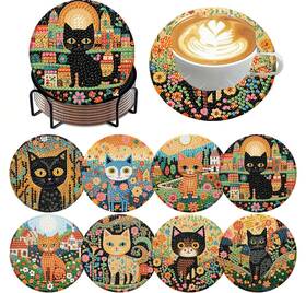 Ijbnhd Mb0086 8 Pcs Diamond Art Coasters Kit Cat Painting With Hol