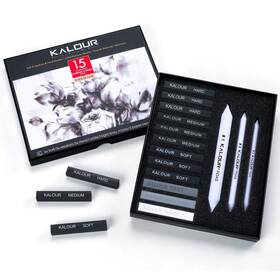 Ka-cs015 Kalour 15 Pro Compressed Charcoal Drawing Set With Blending Stumps- Soft Medi