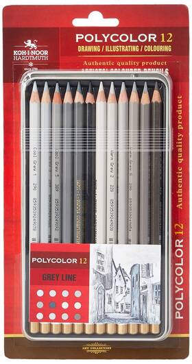 3822012013bl Koh-i-noor Polycolor Grey Line Artists Coloured Pencils Set Of 12