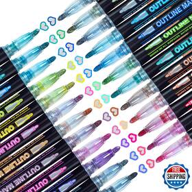 B0cgd95xvf Kousicoo 24 Glitter Outline Markers Double Line Metallic Self-outline Pens Dual Color Art