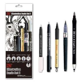 Iktb-21 Kuretake Iktb-21/5v Zig Illustration Basic Set No.2 5 Pcs 4 Black Markers And White Br
