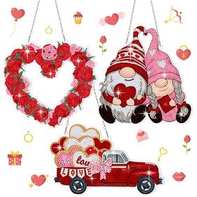 Wall-788 Menkxi 3 Set Valentine S Day Diamond Painting Hanging Sign 5d Truck Heart Wreath Gnomes