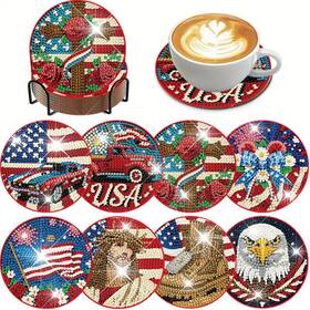 Mrmioom C001-us 8 Pcs Independence Day Diamond Art Coasters Kit - Diy 5d