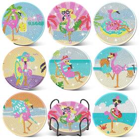 Ovveroche Iccoayq3065 8 Pcs Diamond Art Painting Coasters Flamingo Full Drill Diy Kit Set