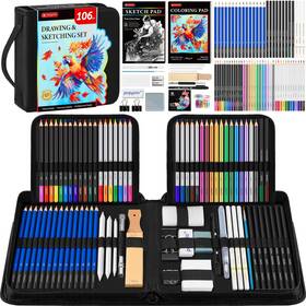 B0dcx9b4yh Popyola 106-piece Pro Drawing And Sketching Art Set With 3-color Sketchbook Case