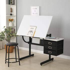 C-w34738470 Seafuloy Drafting Drawing Table Steel Frame Adjustable With Stool 3 Drawers