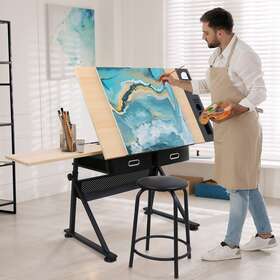 Gg2008-h01-1395 Segawe Drafting Table Art Desk Artist Drawing Adjustable Tilted Tabletop With Stool