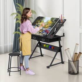 H01-1395-1 Segawe Height Adjustable Drafting Table Drawing Art Desk Artist With Stool &2 Drawers
