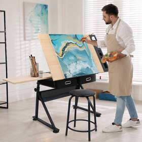H01-1395-g4-har Segawe Drafting Table Art Artist Desk Drawing Adjustable Tilted Tabletop With Stool