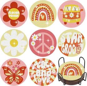 Blb-shellwei-782 Shellwei 8 Pcs Boho Diamond Painting Art Coasters With Mainly Pink And Yellow