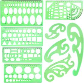 Sa-18-b20 Siquk 9-piece French Curve Drawing And Measuring Templates Clear Green Plastic Rulers