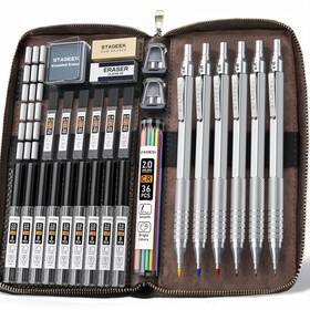 M001 Stageek 30pcs Silver Metal Mechanical Pencil Set In Leather Case 0.5/0.7/0.9/2.0mm A