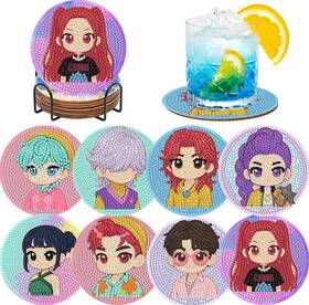 Stnckic Kdh-01 8 Pcs Anime Demon Hunters Diamond Art Coasters Kit Embroidery Cross Stitch