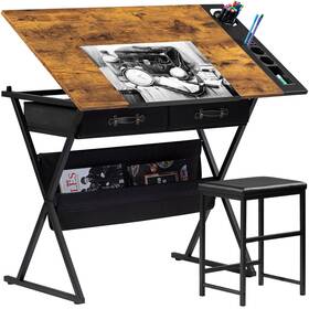 Khd-dt04-brn Vecelo Drafting Table Art Desk Adjustable Drawing Tilted Tabl