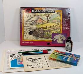 43142 Weber Jon Gnagy Learn To Draw Pen Ink Oil Pastels Art Set 1977 Open Box Read