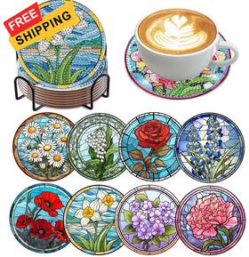 Yanfairy 762206606447 8 Pcs Flowers Diamond Art Coasters Kits Painting 3.9 Inches