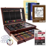 Mega Wood Box Art Set - 24 Watercolors, Oil Pastels, Pencils. Fixed Price $131.99.