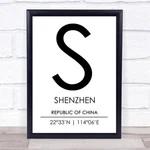 Shenzhen Republic Of China Coordinates World City Travel Quote Wall Art Print. Fixed Price $67.71.