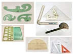 Set Of Drafting Tools - Stencils, Plasticoid Protractors, Triangles, Curves. Fixed Price $37.00.