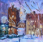 Oil Painting On Canvas Board Original Handmade Art City Snowy Winter Evening. Fixed Price $110.00.